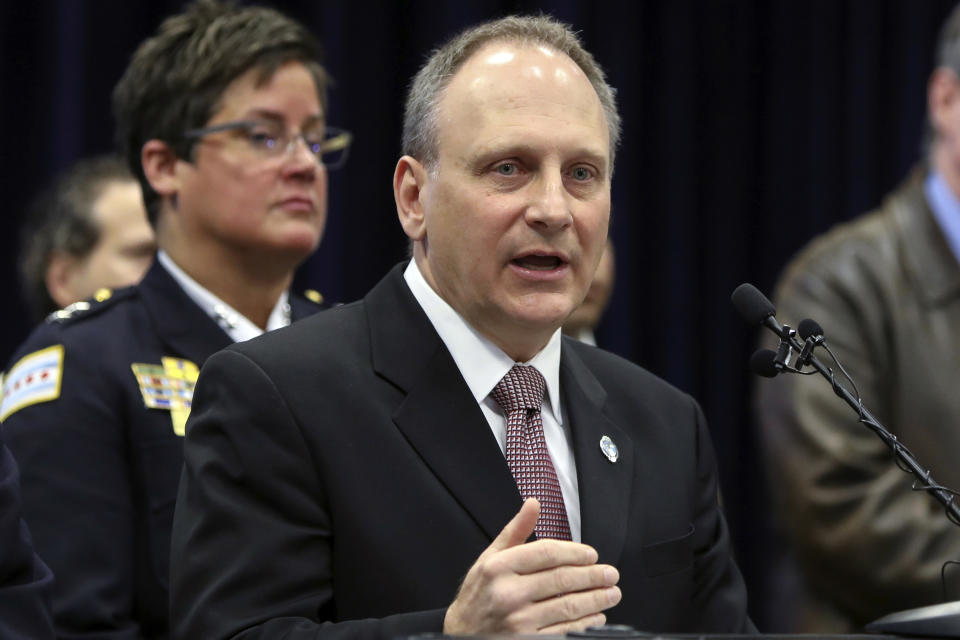 Detective Commander Edward Wodnicki, of Chicago Police Department, speaks at a news conference at police headquarters, Thursday, Feb. 21, 2019, in Chicago, after actor Jussie Smollett turned himself in on charges of disorderly conduct and filing a false police report. The "Empire" staged a racist and homophobic attack because he was unhappy about his salary and wanted to promote his career, Chicago Police Supt. Eddie Johnson said Thursday. (AP Photo/Teresa Crawford)