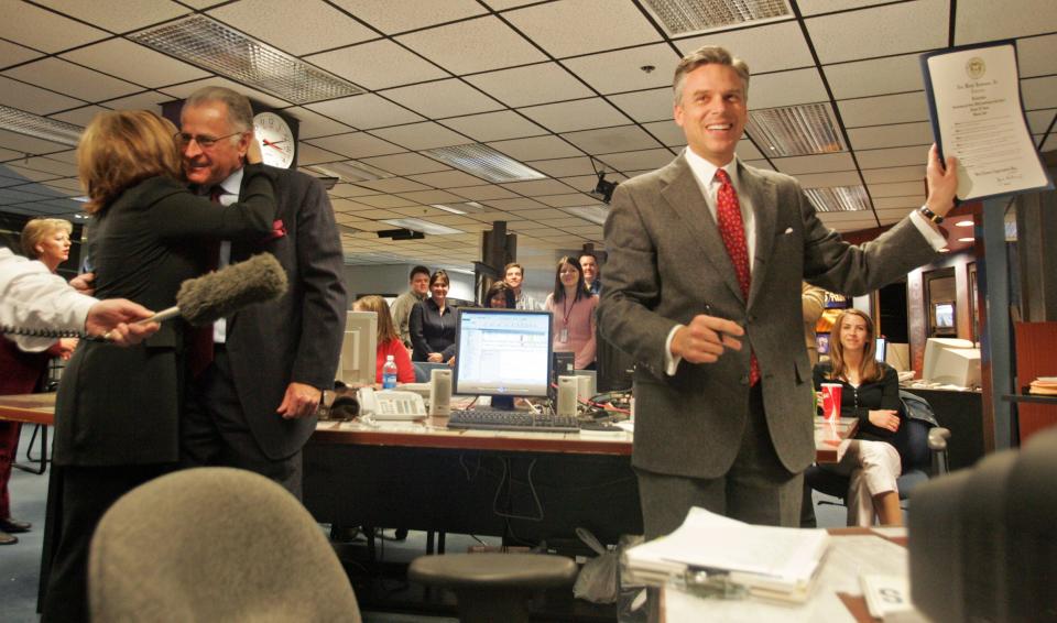 KSL-TV anchorman Dick Nourse is honored on his 65th birthday by Gov. Jon Huntsman Jr. during a party at KSL’s Broadcast House in Salt Lake City on March 8, 2005. | Jason Olson, Deseret News