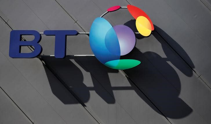 A BT (British Telecom) company logo is pictured on the side of a convention centre in Liverpool northern England, April 9, 2016. REUTERS/Phil Noble