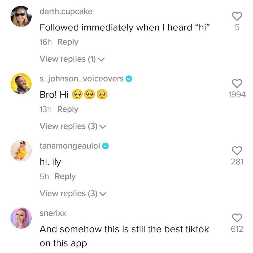 More fan comments, like: "Followed immediately when I heard 'hi' and this is still the best TikTok on this app"