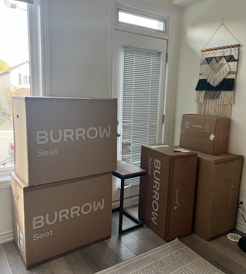 My Burrow couch arrived in five boxes, with each section individually packaged. 