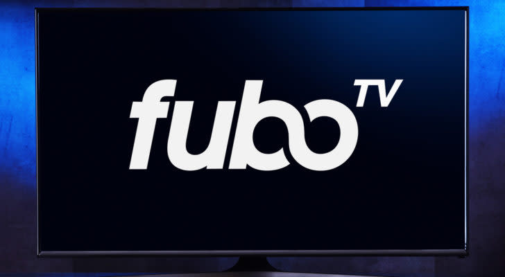 Flat-screen TV set displaying logo of FuboTV, an American streaming television service that focuses primarily on channels that distribute live sports
