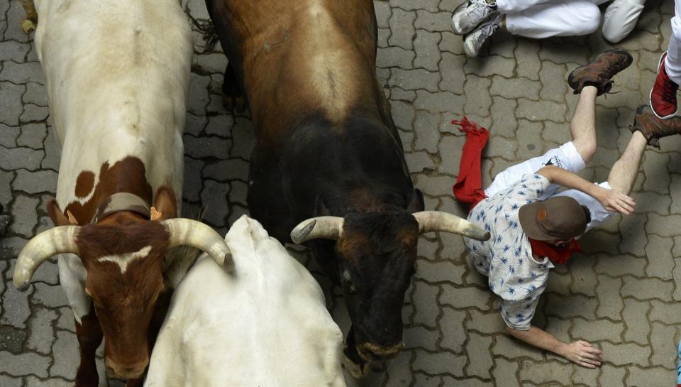 A participant falls in front of Del Tajo-La Reina's bulls during the second 'encierro' (bull-run) of the San Fermin Festival in Pamplona, northern Spain, on July 8, 2015. The festival is a symbol of Spanish culture that attracts thousands of tourists to watch the bull runs despite heavy condemnation from animal rights groups.   AFP PHOTO/ MIGUEL RIOPA        (Photo credit should read MIGUEL RIOPA/AFP/Getty Images)