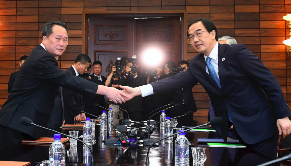 <em>South Korean Unification Minister Cho Myoung-gyon (right) shakes hands with his North Korean counterpart Ri Son Gwon (AP)</em>