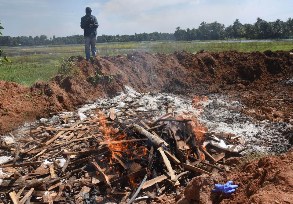 ALAPPUZHA, Jan. 5, 2021 -- Culled ducks are put in a hole for burial at Harippad in Alappuzha district in India's state Kerala, on Jan. 5, 2021. Bird flu scare has hit the five Indian states of Rajasthan, Madhya Pradesh, Himachal Pradesh, Kerala and Haryana amid the death of crows, migratory and poultry birds, officials said Tuesday. (Photo by Str/Xinhua via Getty) (Xinhua/Stringer via Getty Images)