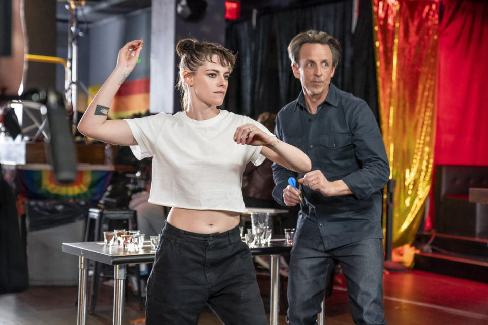 LATE NIGHT WITH SETH MEYERS -- Episode 1501 -- Pictured: (l-r) Actress Kristen Stewart and host Seth Meyers during "Day Drinking" on March 26, 2024 -- (Photo by: Lloyd Bishop/NBC)