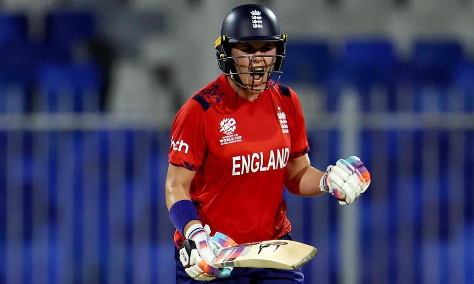 <span>Nat Sciver-Brunt celebrates the winning runs as England beat South Africa by seven wickets.</span><span>Photograph: François Nel/Getty Images</span>