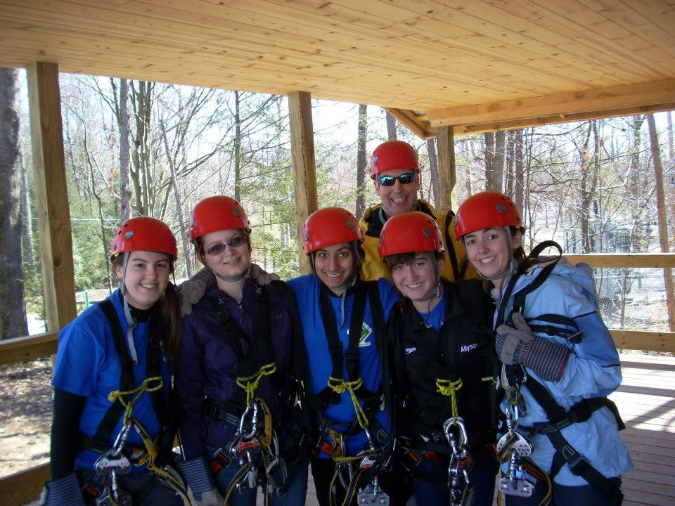 This photo courtesy of the McGhee Family, members of Boy Scouts Venture Crew 1893 from Charleston, W.Va., are shown in a 2012 photo during a zipline trip at Adventures on the Gorge in Fayetteville, W.Va. In front, from left to right, are Perry McGhee, Haley Breeden, Noor Malik, Ally Ugland and Virginia McGhee. In the back is John McGhee. For the first time, Venture crew members will be allowed to participate in the Boy Scouts’ National Jamboree, which takes place in mid-July in southern West Virginia. (AP Photo, Kelly McGhee)(AP Photo/McGhee Family)