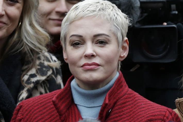 Rose McGowan attends a press conference after American film producer Harvey Weinstein arrives at Manhattan Court on January 6, 2020 in New York City. The actor turns 50 on September 5. File Photo by John Angelillo/UPI