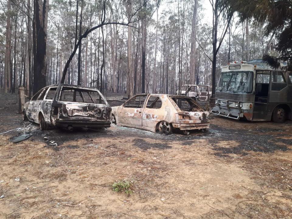 Priscilla the bus, at right, following bush fires and floods in New South Wales