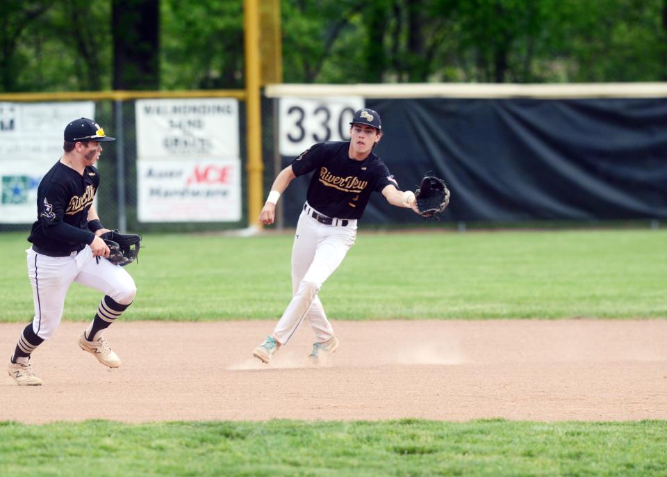 Owen Emig fields a ground ball in the fifth inning of River View's 12-8 win against Minerva in a Division II sectional game on Saturday at Ron Tisko Field. The Black Bears scored 10 unanswered runs after falling behind 6-2.