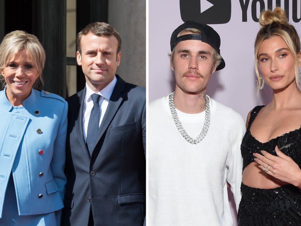 Das französische Präsidentenpaar Emmanuel und Brigitte Macron (l.) hat sich mit Musiker Justin Bieber und Ehefrau Hailey getroffen.  (Bild: [M] Frederic Legrand - COMEO/DFree/Shutterstock.com)