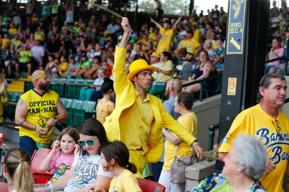 Savannah Bananas makes his way through the stands before  the start of the CPL championship game on Friday August 5th, 2022 at Grayson Stadium.