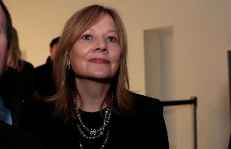 General Motors CEO and chairperson Mary Barra talks with reporters after the introduction of the GMC 2018 Terraine SUV before the start of press days for the North American International Auto Show in Detroit, Michigan, U.S., January 8, 2017. REUTERS/Rebecca Cook