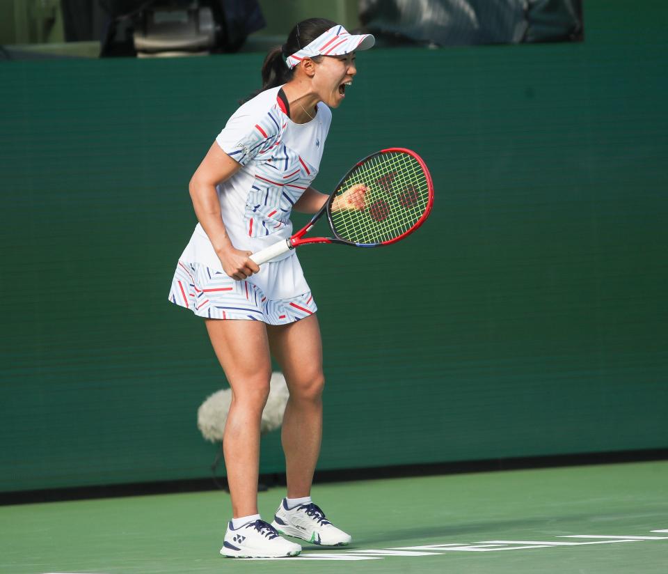 Nao Hibino celebrates a point win during her victory over Venus Williams at the BNP Paribas Open in Indian Wells, Calif., Mar. 7, 2024.