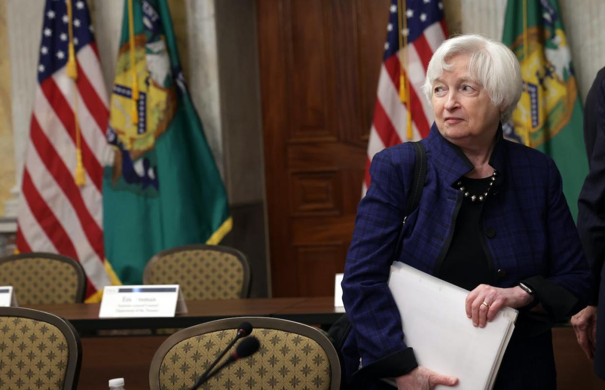Treasury Secretary <span class="caas-xray-inline-tooltip"><span class="caas-xray-inline caas-xray-entity caas-xray-pill rapid-nonanchor-lt" data-entity-id="Janet_Yellen" data-ylk="cid:Janet_Yellen;pos:1;elmt:wiki;sec:pill-inline-entity;elm:pill-inline-text;itc:1;cat:OfficeHolder;" tabindex="0" aria-haspopup="dialog"><a href="https://search.yahoo.com/search?p=Janet%20Yellen" data-i13n="cid:Janet_Yellen;pos:1;elmt:wiki;sec:pill-inline-entity;elm:pill-inline-text;itc:1;cat:OfficeHolder;" tabindex="-1" data-ylk="slk:Janet Yellen;cid:Janet_Yellen;pos:1;elmt:wiki;sec:pill-inline-entity;elm:pill-inline-text;itc:1;cat:OfficeHolder;" class="link ">Janet Yellen</a></span></span> doesn't want to look back in anger over a debt deadline missed. <a href="https://www.gettyimages.com/detail/news-photo/secretary-janet-yellen-leaves-after-an-open-session-of-a-news-photo/1483917268?adppopup=true" rel="nofollow noopener" target="_blank" data-ylk="slk:Photo by Alex Wong/Getty Images;elm:context_link;itc:0;sec:content-canvas" class="link ">Photo by Alex Wong/Getty Images</a>