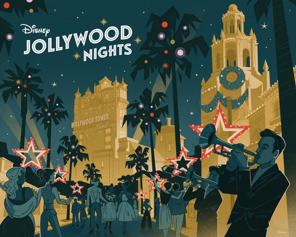 En esta temporada festiva, Disney's Hollywood Studios será el anfitrión de una nueva fiesta nocturna, Disney Jollywood Nights, en algunas noches del 11 de noviembre al 20 de diciembre de 2023. Invita a los visitantes a vivir una noche glamorosa llena de mezclas alegres, sabores y sorbos deliciosos, personajes icónicos del pasado, y una atmósfera navideña llena de brillo y destellos. (DISNEY)