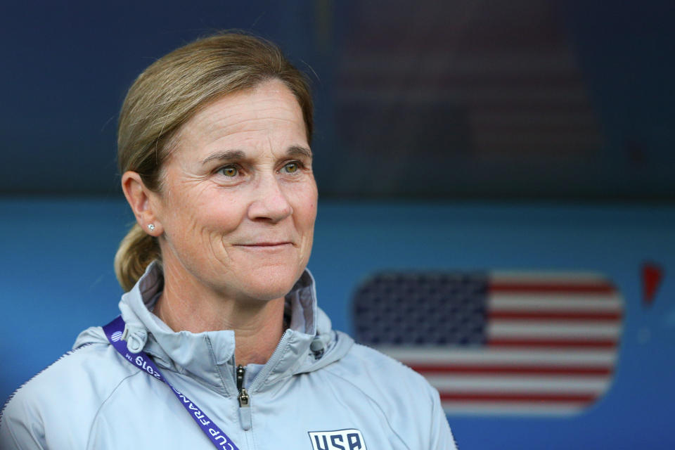 REIMS, FRANCE - JUNE 11: USA Coach Jill Ellis looks on ahead of the 2019 FIFA Women's World Cup France group F match between USA and Thailand at Stade Auguste Delaune on June 11, 2019 in Reims, France. (Photo by Craig Mercer/MB Media/Getty Images)