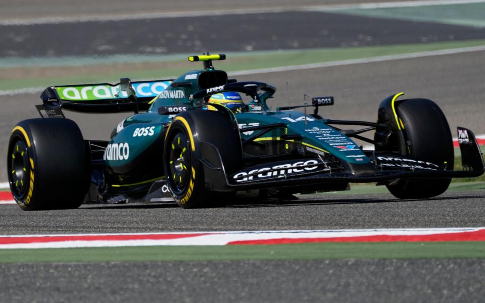 Aston Martin driver Fernando Alonso of Spain steers his car for a Formula One pre season test at the Bahrain International Circuit in Sakhir, Bahrain, Wednesday, Feb. 21,