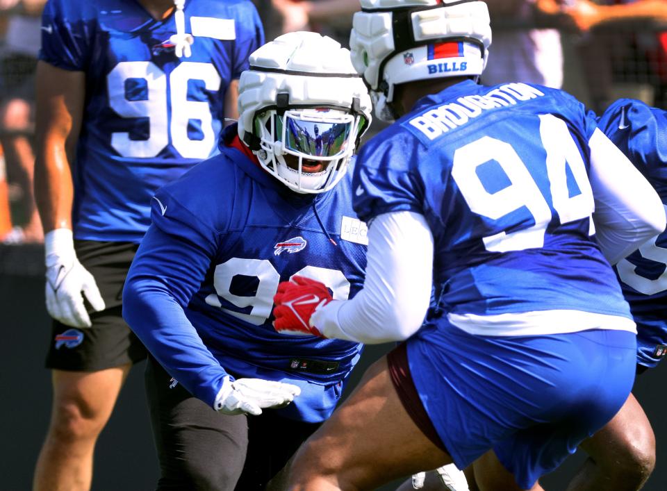 Bills defensive lineman Poona Ford (98) come off the line during during training camp drills.