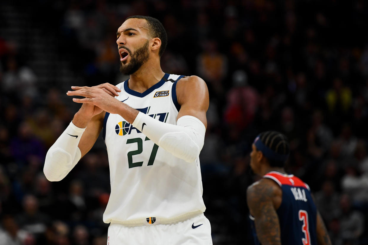 SALT LAKE CITY, UT - FEBRUARY 28: Rudy Gobert #27 of the Utah Jazz yells to the bench during a game against the Washington Wizards at Vivint Smart Home Arena on February 28, 2020 in Salt Lake City, Utah. NOTE TO USER: User expressly acknowledges and agrees that, by downloading and/or using this photograph, user is consenting to the terms and conditions of the Getty Images License Agreement.  (Photo by Alex Goodlett/Getty Images)