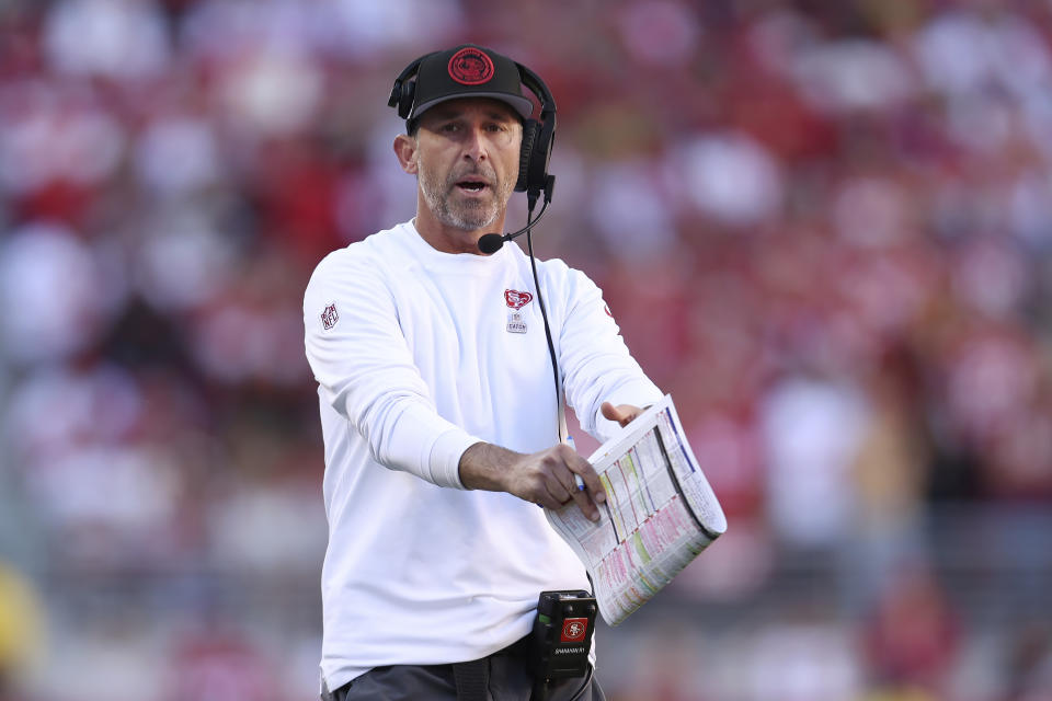 San Francisco 49ers head coach Kyle Shanahan reacts toward officials during the second half of an NFL football game against the Cincinnati Bengals in Santa Clara, Calif., Sunday, Oct. 29, 2023. (AP Photo/Jed Jacobsohn)