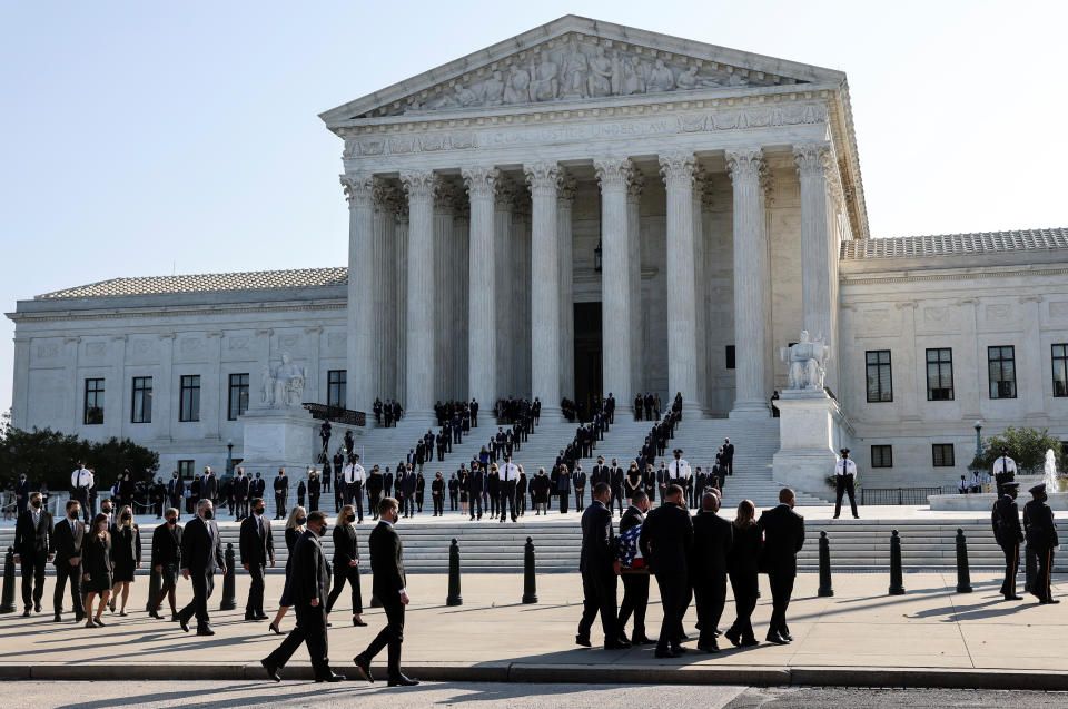 The casket of the late Supreme Court Associate Justice Ruth Bader Ginsburg is carried at the U.S. Supreme Court, where it will lie in repose in Washington, September 23, 2020. / Credit: JONATHAN ERNST / REUTERS