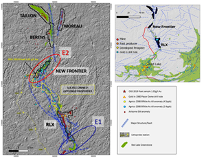 Red Lake property location map with regional till data from assessment record (Agnico Eagle Mines, 2009). E1 and E2 refer to the general location of major structures interpreted by third parties from seismic data – see text for details.