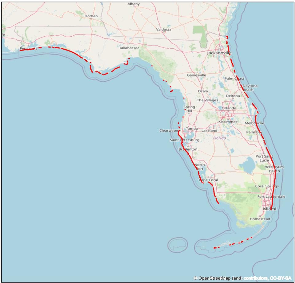 Florida’s erosion risk map shows most of the state’s coastline at critical risk. <a href="https://geodata.dep.state.fl.us/datasets/FDEP::coastal-critical-erosion-areas/about" rel="nofollow noopener" target="_blank" data-ylk="slk:Florida Department of Environmental Protection;elm:context_link;itc:0;sec:content-canvas" class="link ">Florida Department of Environmental Protection</a>, <a href="http://creativecommons.org/licenses/by-sa/4.0/" rel="nofollow noopener" target="_blank" data-ylk="slk:CC BY-SA;elm:context_link;itc:0;sec:content-canvas" class="link ">CC BY-SA</a>