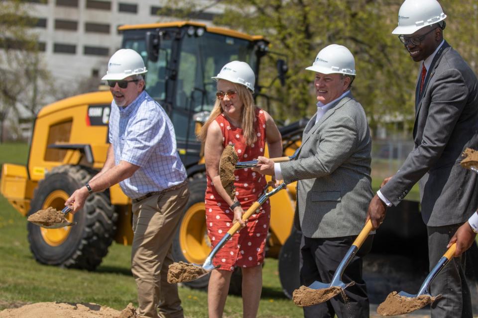 Leaders and speakers break ground at the Ralph C. Wilson, Jr. Centennial Park groundbreaking along Detroit's west riverfront on Tuesday, May 10, 2022.