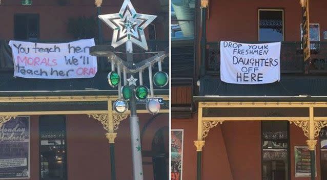 Some of the crude banners displayed at Perth pub Brass Monkey. Source: Facebook
