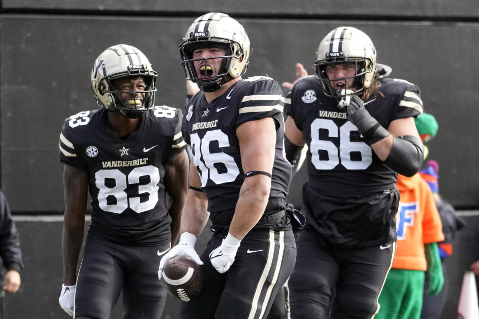 Vanderbilt tight end Ben Bresnahan (86) celebrates after scoring a touchdown against Florida in the second half of an NCAA college football game Saturday, Nov. 19, 2022, in Nashville, Tenn. Vanderbilt won 31-24. (AP Photo/Mark Humphrey)