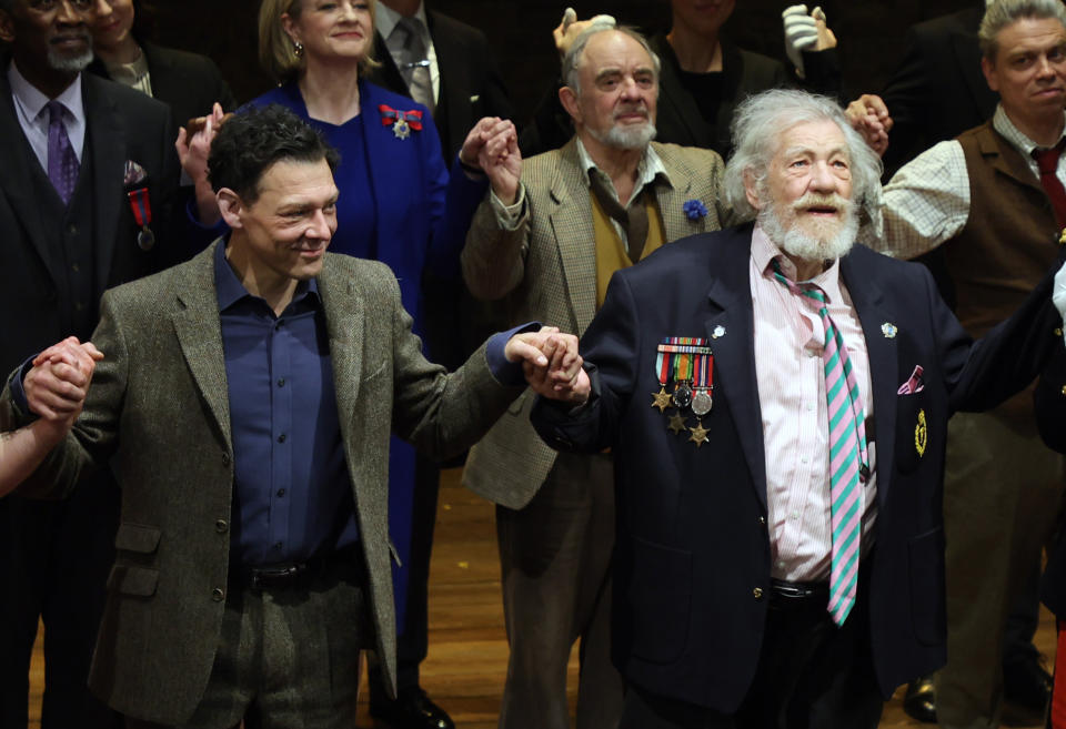 Richard Coyle (L) and Sir Ian McKellen bow at the curtain call during the press night performance of 