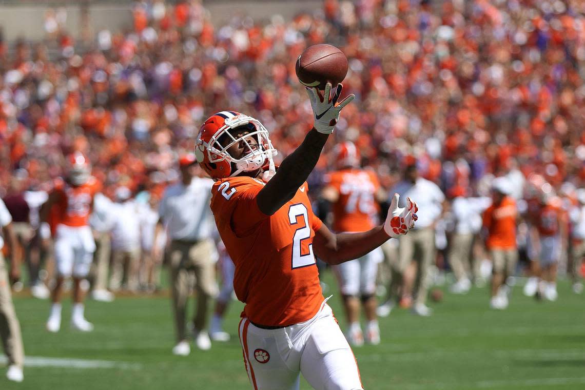 CLEMSON, SC - SEPTEMBER 07: Frank Ladson Jr. (2) wide receiver of Clemson during a college football game between the Texas A&M Aggies and the Clemson Tigers on September 7, 2019, at Clemson Memorial Stadium in Clemson, S.C. (Photo by John Byrum/Icon Sportswire) (Icon Sportswire via AP Images)