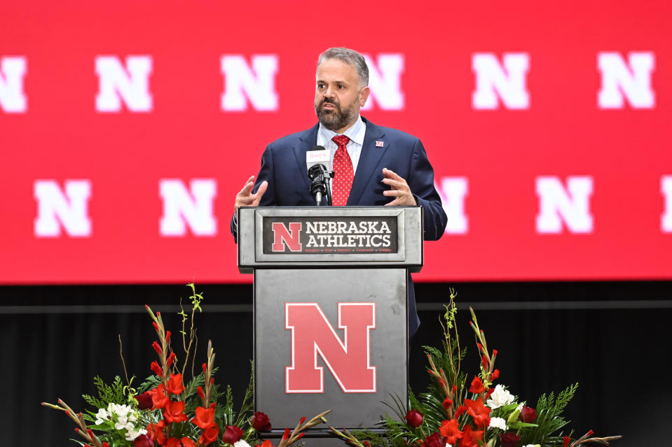 Nov 28, 2022; Omaha, Nebraska, US; Nebraska Cornhuskers head coach Matt Rhule at the introductory press conference at the Hawks Championship Center on the University of Nebraska-Lincoln campus. Mandatory Credit: Steven Branscombe-USA TODAY Sports