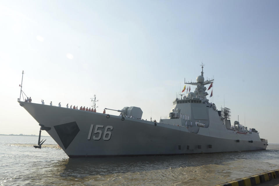 In this photo released from Myanmar Military True News Information Team, Chinese destroyer Zibo (156) is seen upon arrival at Thilawa port in Yangon, Myanmar Monday, Nov. 27, 2023. Myanmar’s military-controlled government has been conducting joint naval exercises with neighboring China. (The Military True News Information Team via AP)