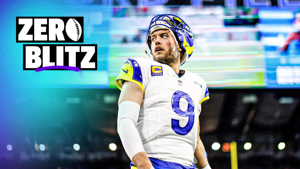 DETROIT, MICHIGAN - JANUARY 14: Matthew Stafford #9 of the Los Angeles Rams looks on during pregame warmups prior to an NFC Wild Card Playoff football game against the Detroit Lions at Ford Field on January 14, 2024 in Detroit, Michigan. (Photo by Ryan Kang/Getty Images)