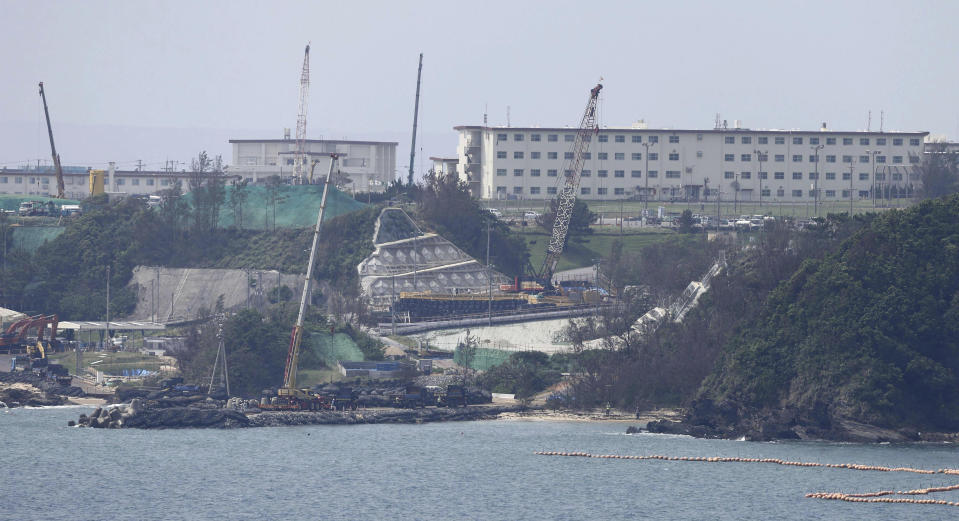 This show a construction work at Henoko in Nago, Okinawa prefecture, southern Japan Monday, Sept. 4, 2023, where the Japanese government plans to relocate a U.S. air base from one area of the prefecture to another. Japan’s Supreme Court on Monday dismissed Okinawa's rejection of a central government plan to build U.S. Marine Corps runways on the island and ordered the prefecture to approve it despite protests by locals who oppose the American troops' presence. (Kyodo News via AP)