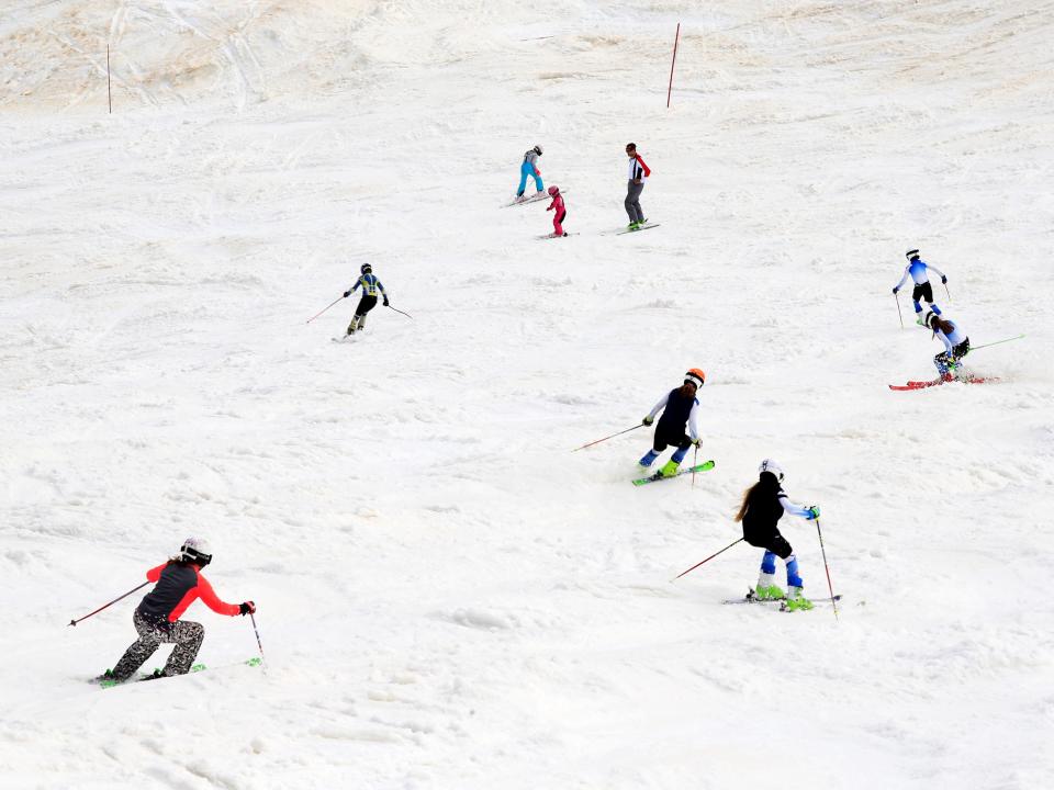 People ski on the slopes of Kanin after the Slovenian government called an official end to the country's coronavirus disease (COVID-19) outbreak, in Kanin, Slovenia, May 17, 2020. REUTERS/Borut Zivulovic