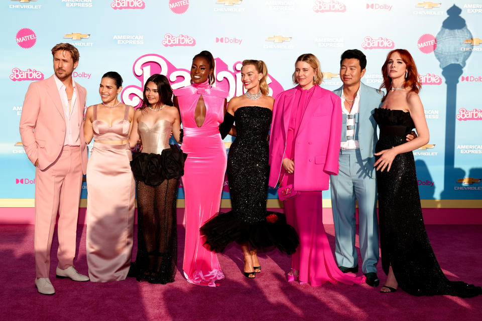 Ryan Gosling, America Ferrera, Ariana Greenblatt, Issa Rae, Margot Robbie, Greta Gerwig, Simu Liu and Hari Nef at the premiere of "Barbie" held at Shrine Auditorium and Expo Hall on July 9, 2023 in Los Angeles, California. (Photo by Christopher Polk/WWD via Getty Images)