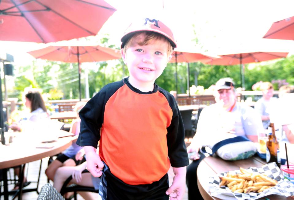 Nolan Alchorn, 3, at the Boston Tavern on Wednesday, Aug. 17, 2022 during a watch party for the opening game of the Little League World Series for the Middleboro U12 All Stars. Middleboro, representing New England, played Nolensville, Tennessee out of the Southeast. 