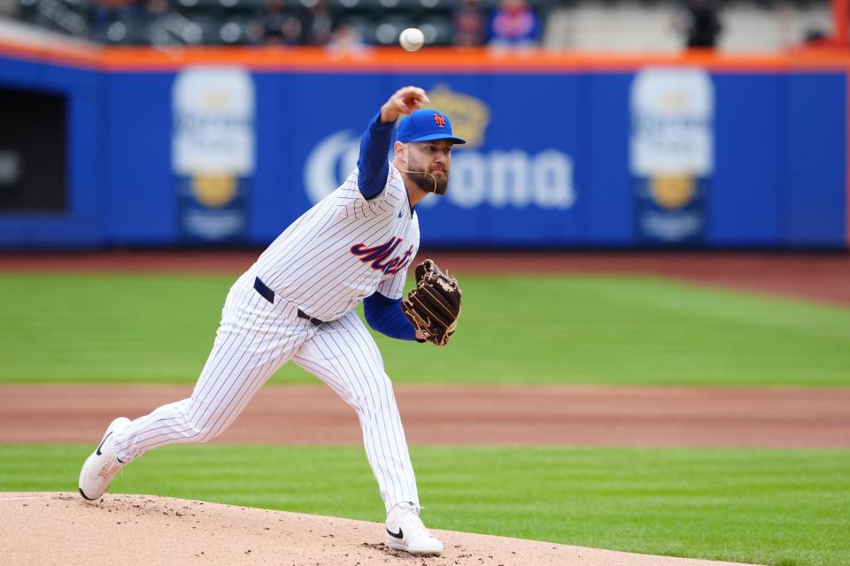 Apr 4, 2024; New York City, New York, USA; New York Mets pitcher Adrian Houser (35) delivers a pitch against the Detroit Tigers during the first inning at Citi Field. Mandatory Credit: Gregory Fisher-USA TODAY Sports
