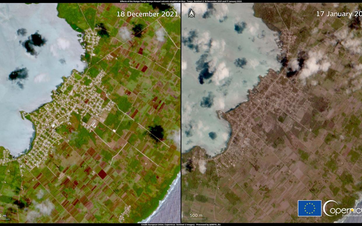 Before and after satellite pictures show the extent of harmful ash fall - EPA-EFE/Shutterstock