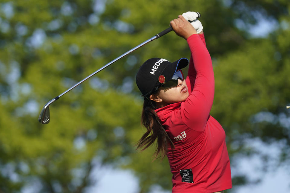 Kim Sei-young, of South Korea hits, watches her shot from 17th tee during the first round of the LPGA Cognizant Founders Cup golf tournament Thursday, May 11, 2023, in Clifton, N.J. (AP Photo/Seth Wenig)