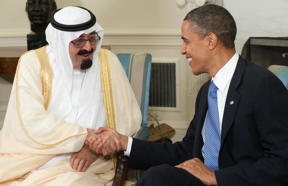 U.S. President Barack Obama shakes hands with King Abdullah bin Abdulaziz Al Saud of Saudi Arabia during meetings in the Oval Office at the White House in Washington, D.C., June 29, 2010.