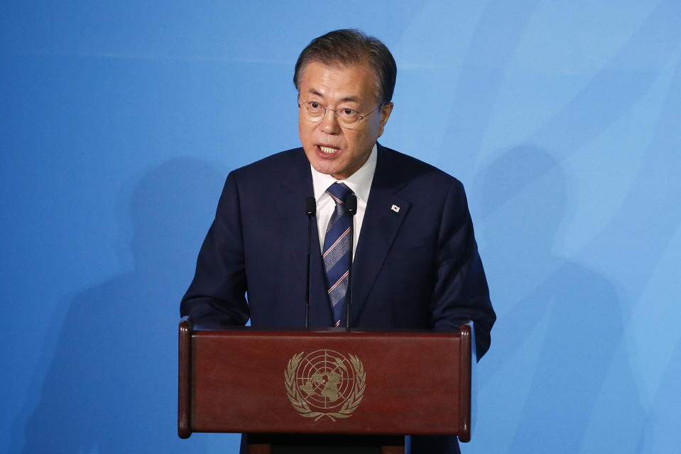 South Korea's President Moon Jae-in addresses the Climate Action Summit in the United Nations General Assembly, at U.N. headquarters, Monday, Sept. 23, 2019. (AP Photo/Jason DeCrow)