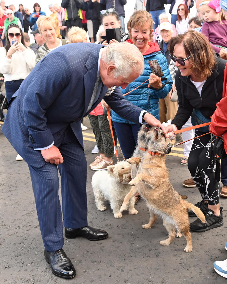 BANGOR, NORTHERN IRELAND - MAY 19: Prince Charles, Prince of Wales meets wellwishers and their pet dogs as he arrives to view stones which line the Donaghadee Harbour walls and were decorated with messages of hope by local people during the pandemic on May 19, 2021 in Bangor, Northern Ireland. (Photo by Samir Hussein - Pool/WireImage)