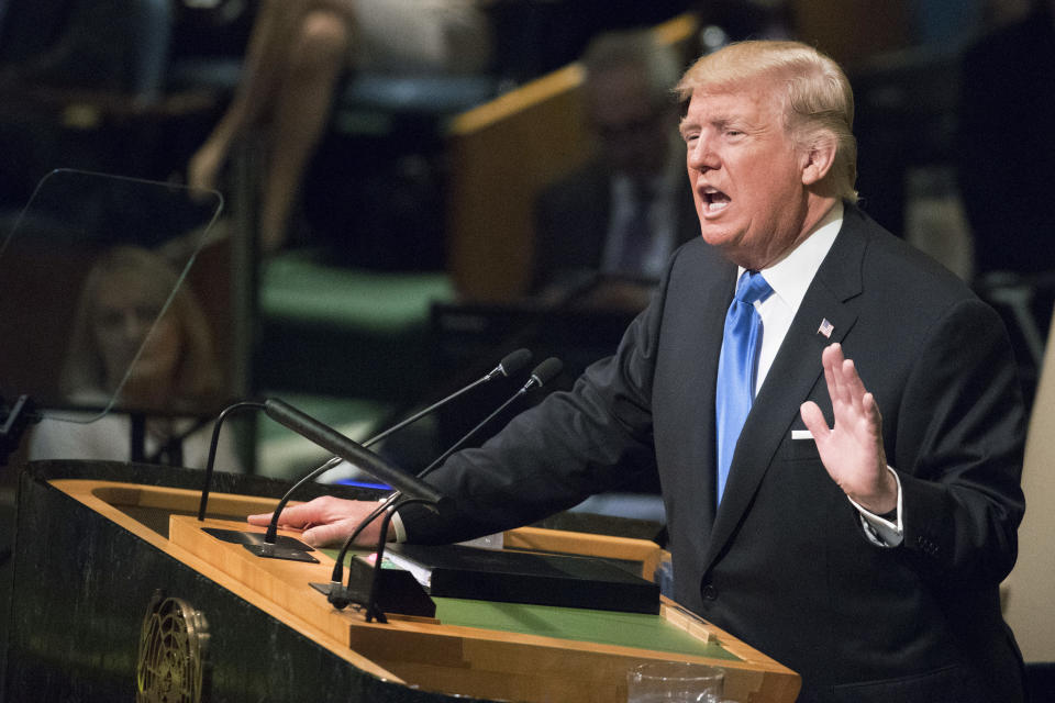 President Trump speaks during the 72nd session of the United Nations General Assembly at U.N. headquarters, Tuesday, Sept. 19, 2017. (AP Photo/Mary Altaffer)