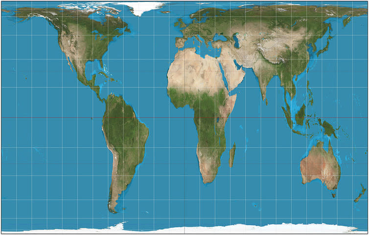 <span class="caption">Peters projection.</span> <span class="attribution"><a class="link " href="https://en.wikipedia.org/wiki/Gall%E2%80%93Peters_projection#/media/File:Gall%E2%80%93Peters_projection_SW.jpg" rel="nofollow noopener" target="_blank" data-ylk="slk:Daniel R. Strebe;elm:context_link;itc:0;sec:content-canvas">Daniel R. Strebe</a>, <a class="link " href="http://creativecommons.org/licenses/by-sa/4.0/" rel="nofollow noopener" target="_blank" data-ylk="slk:CC BY-SA;elm:context_link;itc:0;sec:content-canvas">CC BY-SA</a></span>