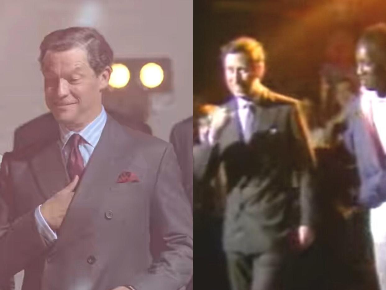 Dominic West as Charles in "The Crown" (l) and the real royal at a discoteque in 1985.